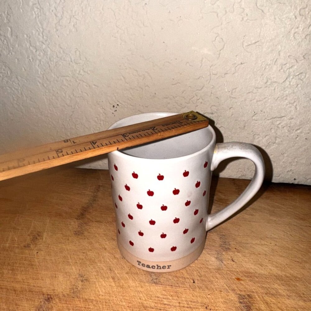 Teacher With Red Apple Design 4" Tall 3" Wide White & Beige Ceramic coffee mug - Picture 4 of 4